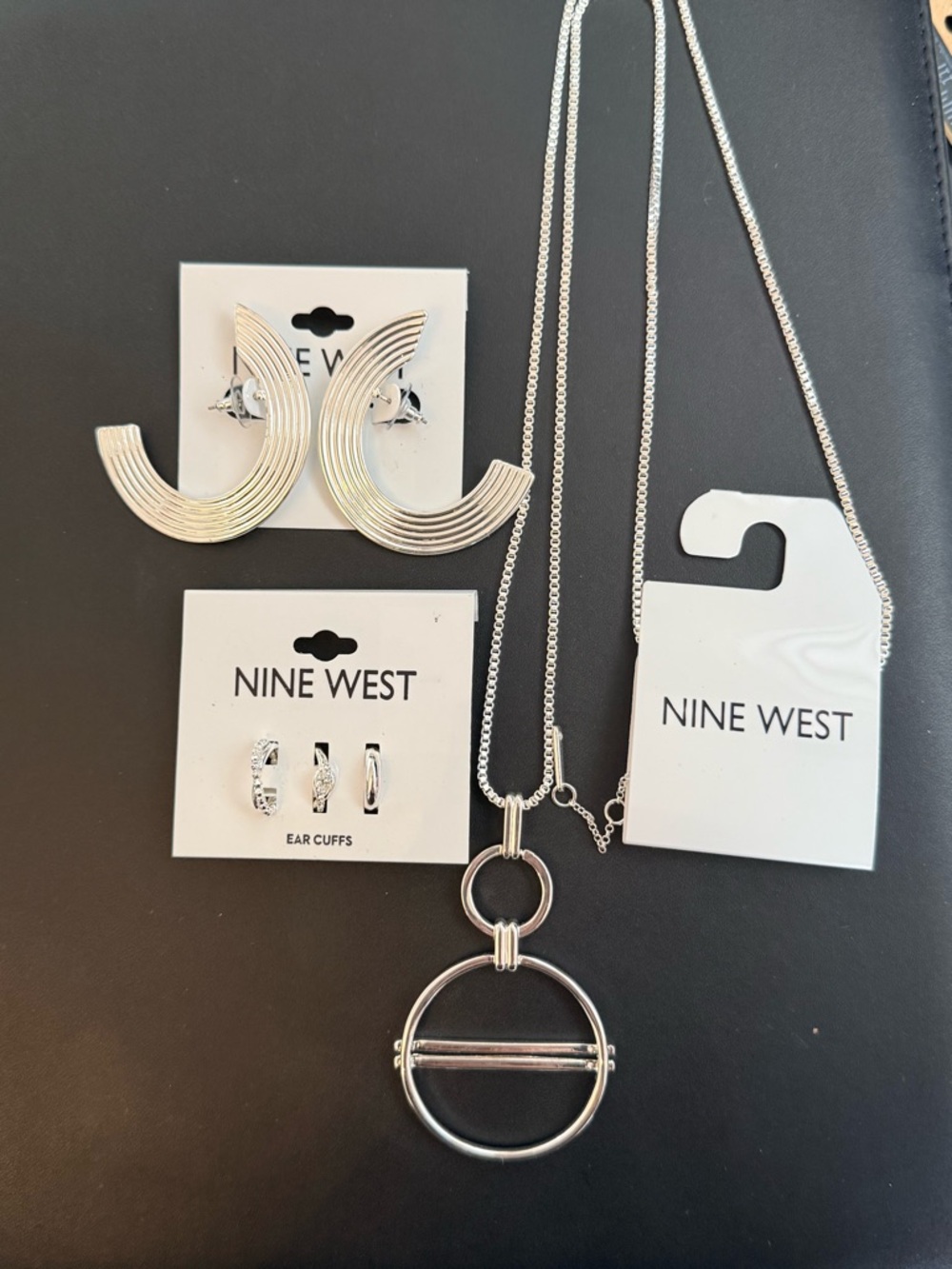 Nine West Silver Pendant Necklace with Earrings Set and ear cuffs
